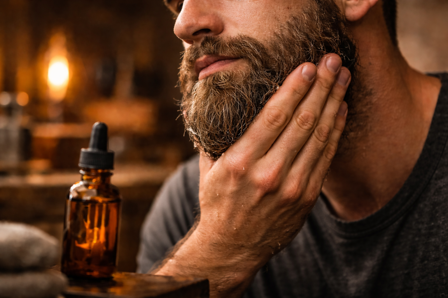 Applying conditioning oil by hand to soften and hydrate beard