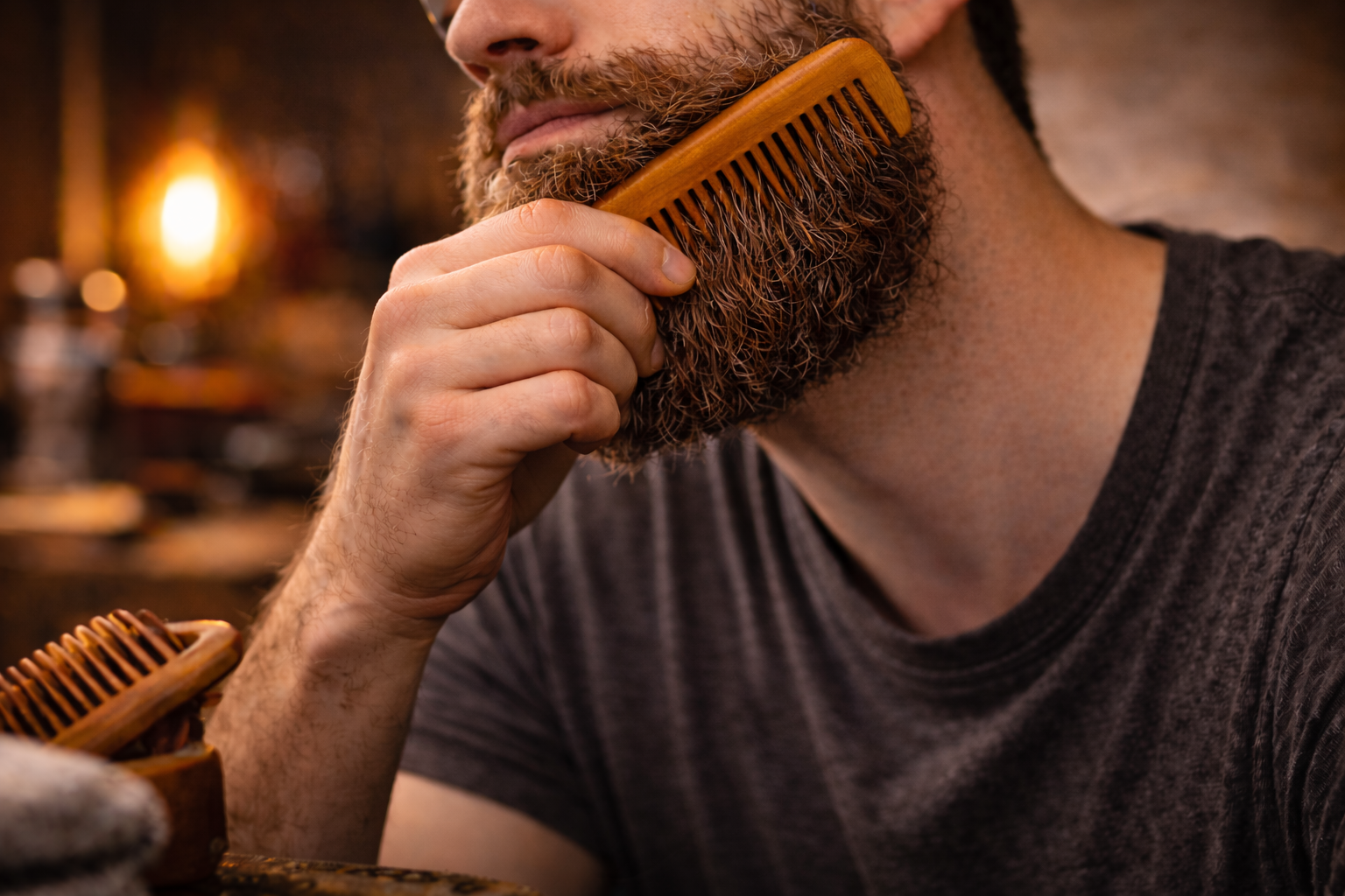 Shaping beard with a wooden comb for a clean finished look