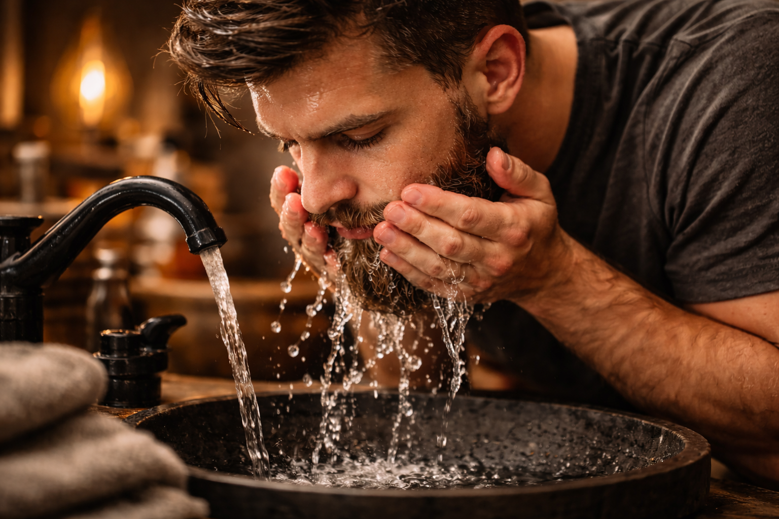 Rinsing beard with clean water to remove dirt and buildup